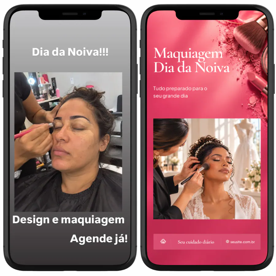 Maquiagem: Story improvisado feito direto no Instagram ao lado do mesmo Story num estilo do Pack