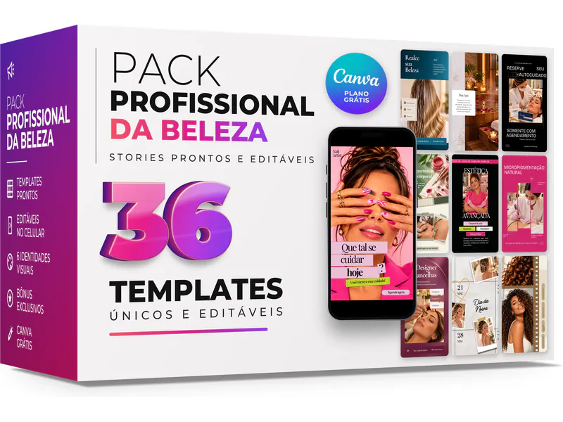 Caixa do Pack Profissional da Beleza: 36 templates únicos editáveis no Canva grátis