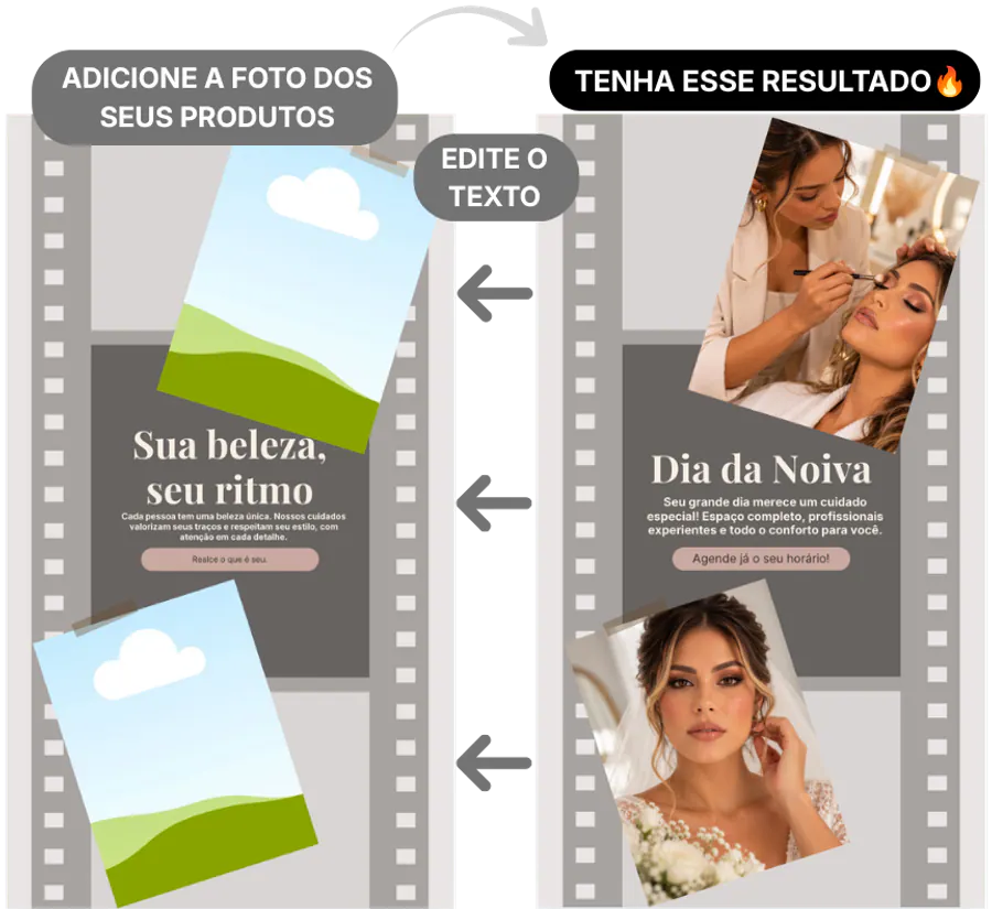 Adicione sua logo ou foto, troque seu nome e serviço, coloque a foto do seu trabalho e ajuste o preço: o template vira um Story pronto
